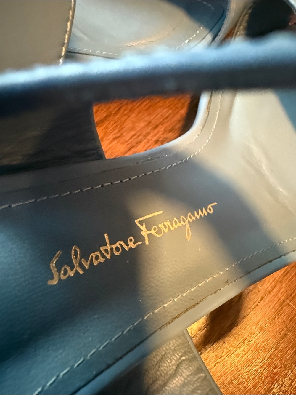 Salvatore Ferragamo Light Blue Leather Sandals with Gold Buckle - Picture 4 of 5